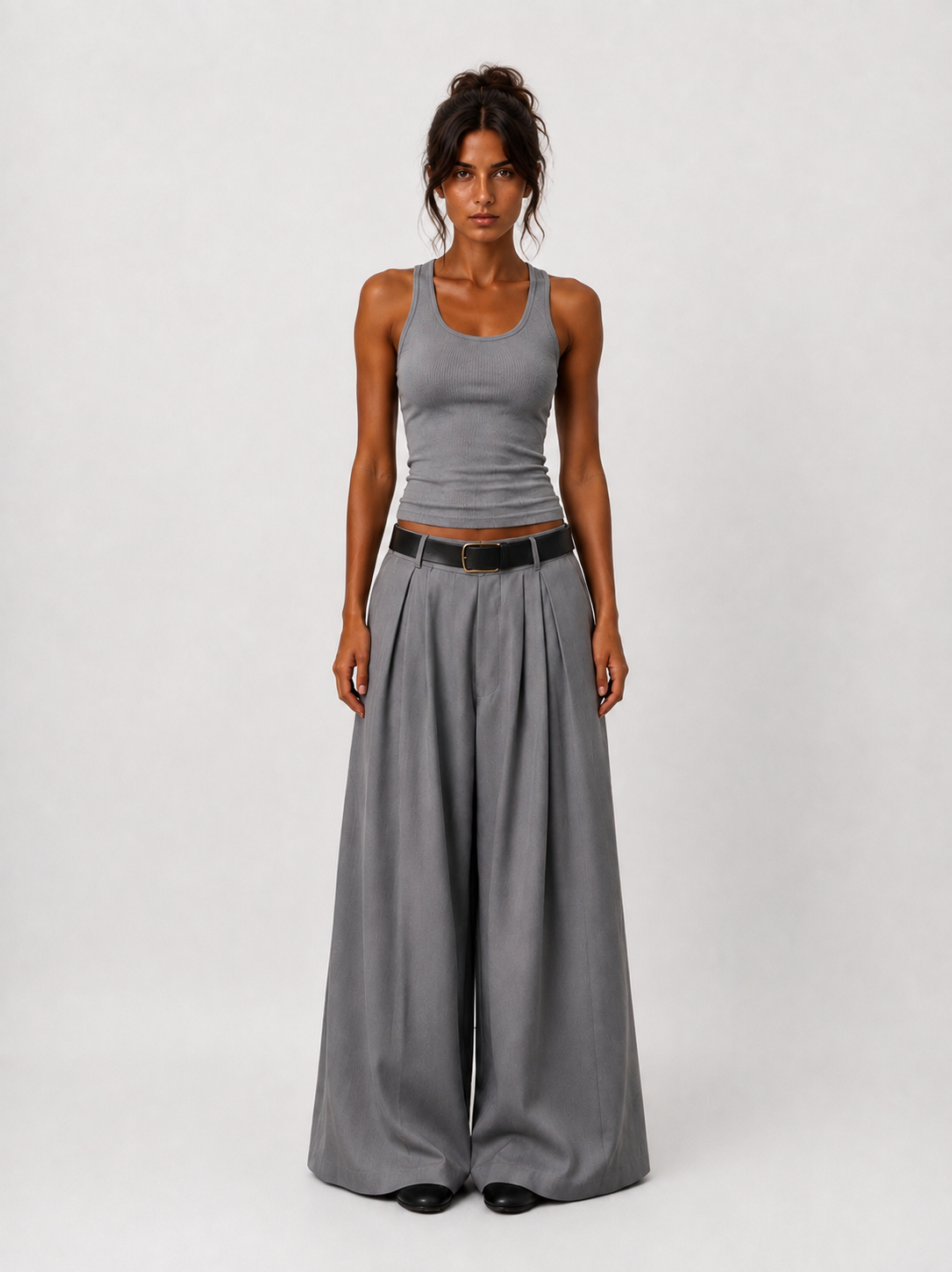 Grey Belted Wide Leg Pants