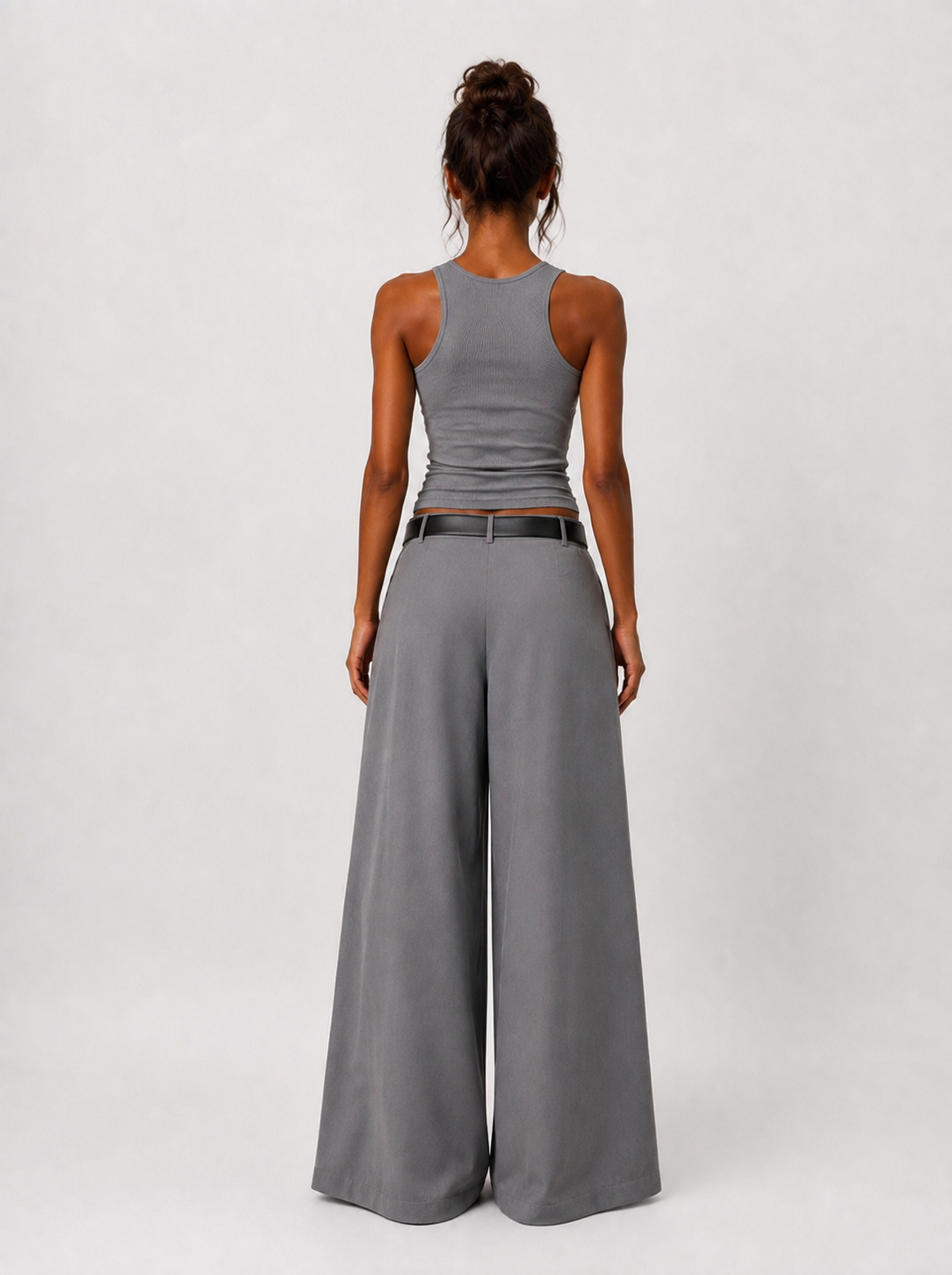 Grey Belted Wide Leg Pants